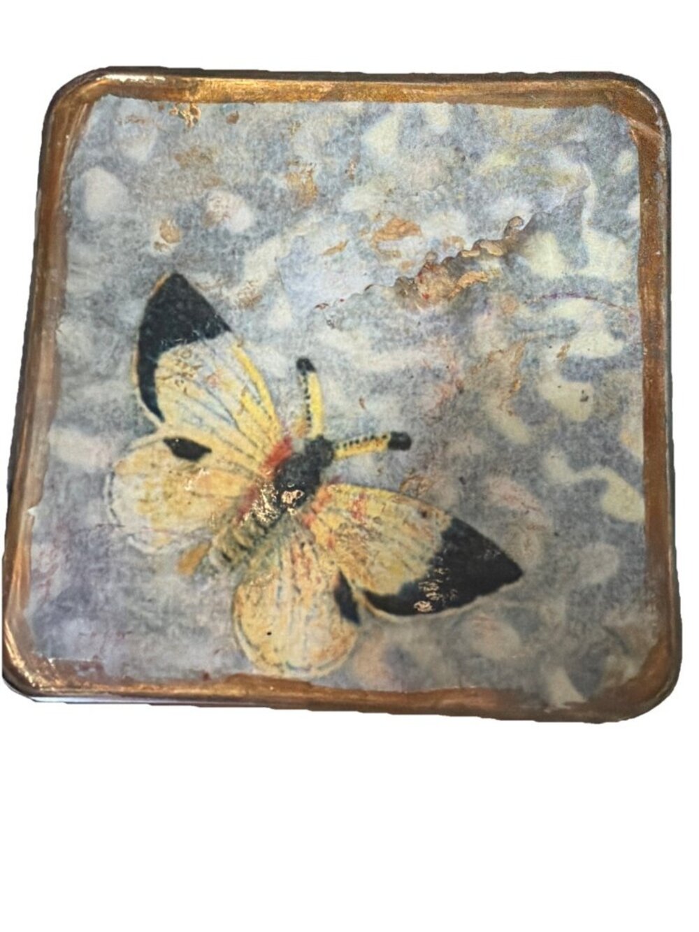 Shelley Wilder Decoupage Glass Coaster Trinket Plate 5in Butterfly Artist Signed